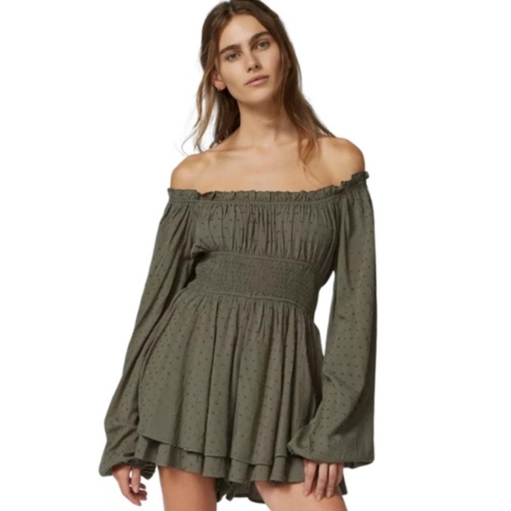 Urban Outfitters Dark Green Swiss Dot Long Sleeve Romper Size S